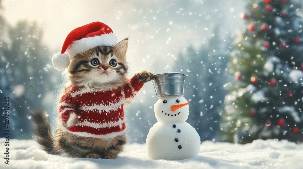 Whimsical Winter, Kitten and Snowman Embrace Holiday Merriment in Snowfall Whimsical Winter, Kitten and Snowman Embrace Holiday Merriment in Snowfall