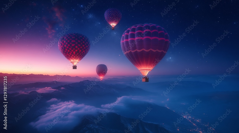Obraz premium Whimsical hot air balloons floating above a dreamlike landscape at twilight with vibrant skies and distant city lights background