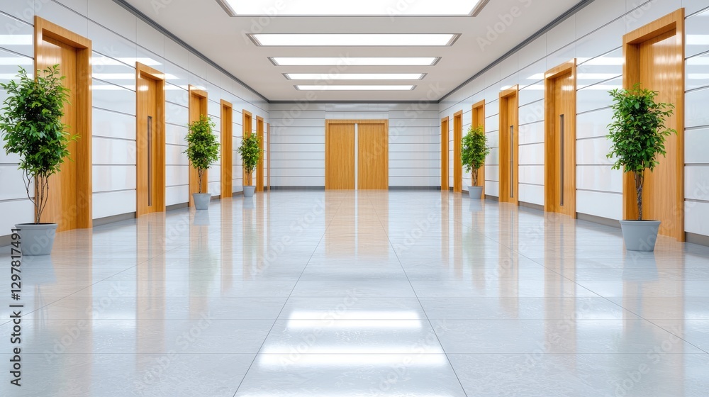 Fototapeta premium Modern office hallway with doors and plants