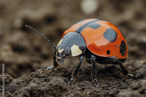 Colorful Beetle on Dark Soil Showcasing Intricate Features in Natures Ecosystem