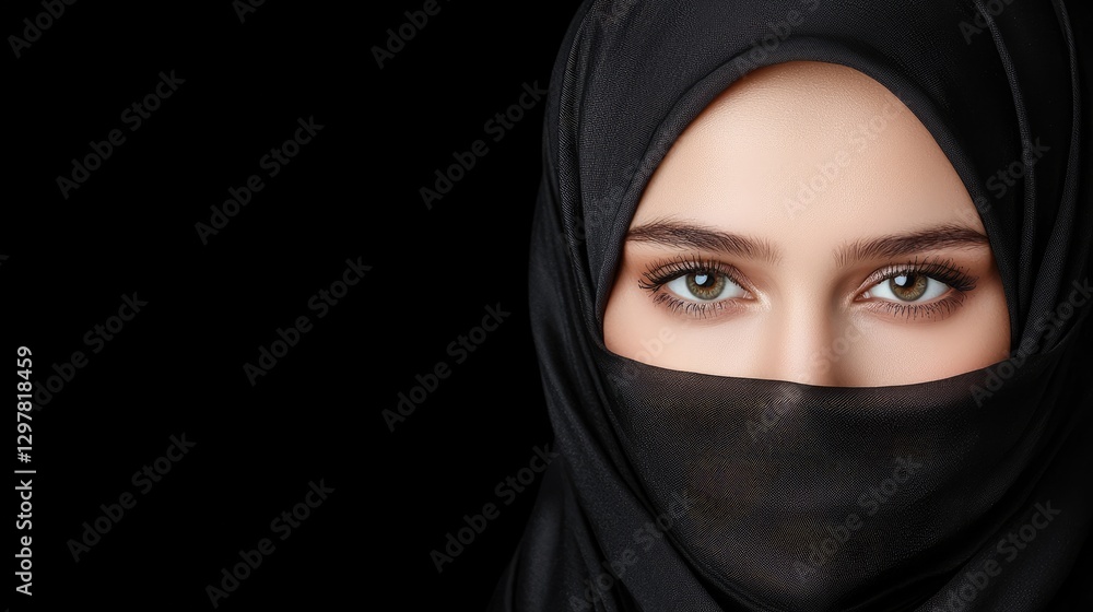 Close-up woman in hijab, serene, dark background. Possible use cultural portrait Close-up woman in hijab, serene, dark background. Possible use cultural portrait