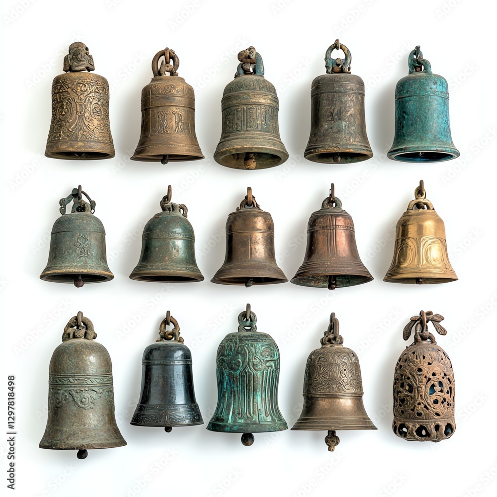 Collection of decorative bells, distinct designs on a white isolated background. Collection of decorative bells, distinct designs on a white isolated background.