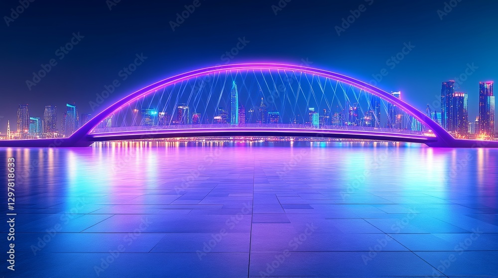 Obraz premium A dazzling, high-quality nighttime photograph of an upscale futuristic mall with glass reflections, featuring the neon-lit city skyline