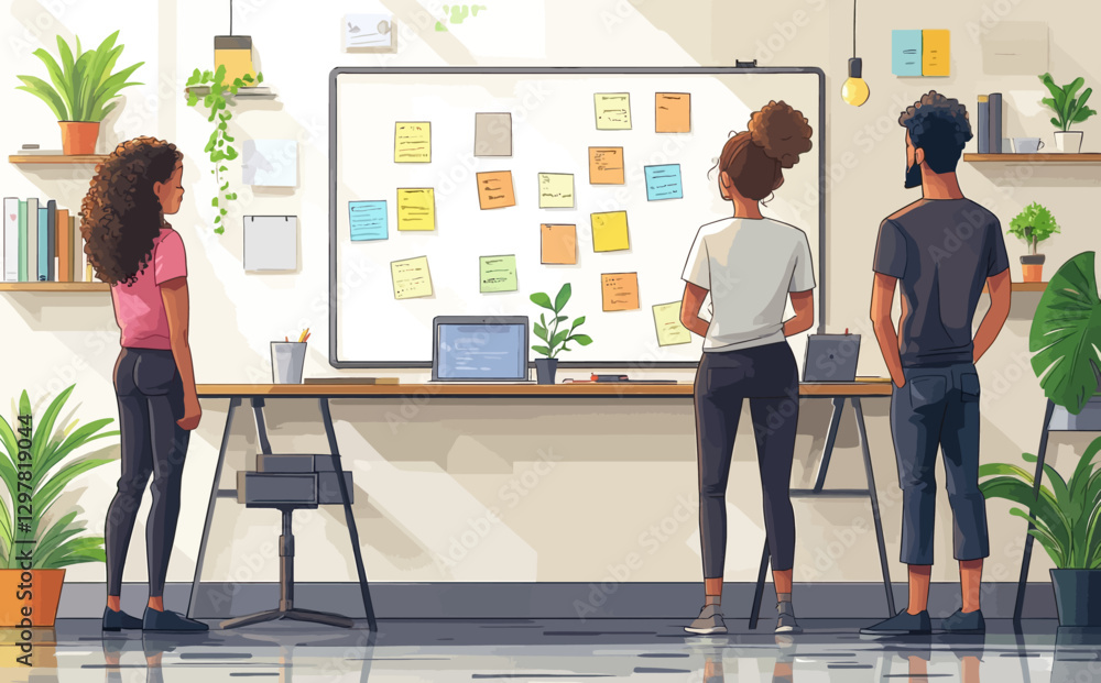 Business Workshop Concept: Cartoon Vector Illustration of Diverse Team Collaborating Near Sticky Notes Board – Isolated on Background Business Workshop Concept: Cartoon Vector Illustration of Diverse Team Collaborating Near Sticky Notes Board – Isolated on Background