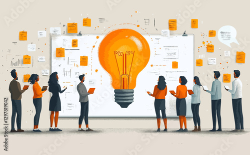 Business Workshop Concept: Cartoon Vector Illustration of Diverse Team Collaborating Near Sticky Notes Board – Isolated on Background
