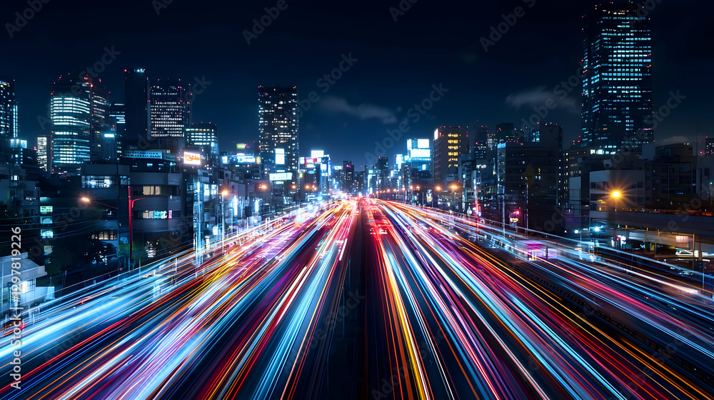 Fototapeta premium Night Cityscape With Motion Blurred Car Lights Streaking Across Highway Against Illuminated Buildings