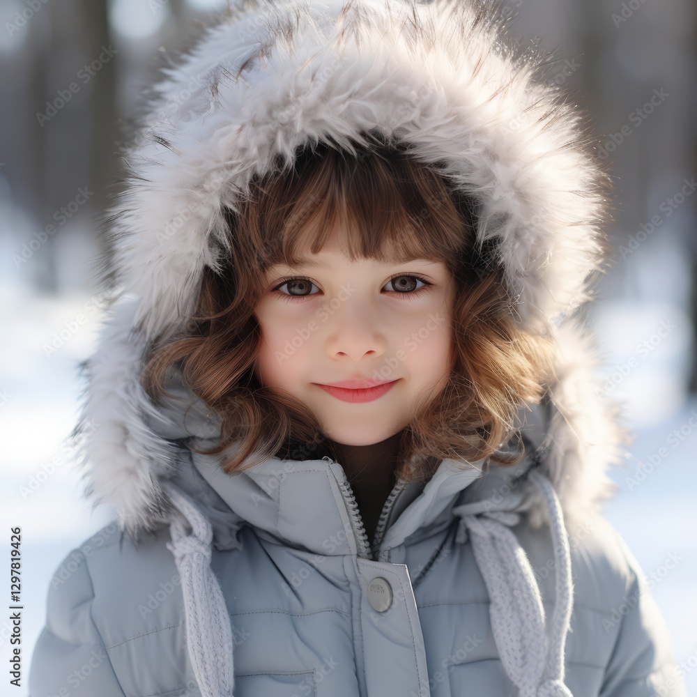 Happy little girl in a winter coat standing outside in a snowy forest. Portrait of a small girl in a winter jacket smiling on a blurred background looking at camera. Cheerful child in winter clothes. Happy little girl in a winter coat standing outside in a snowy forest. Portrait of a small girl in a winter jacket smiling on a blurred background looking at camera. Cheerful child in winter clothes.