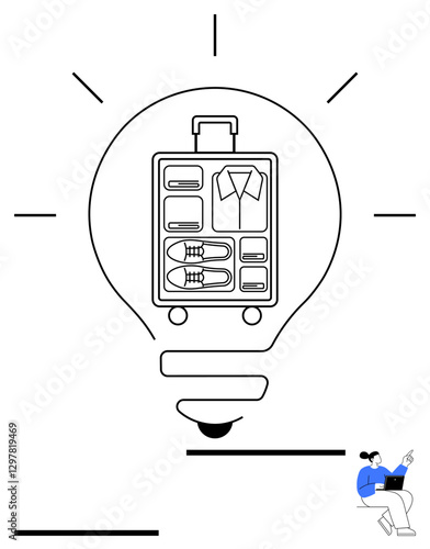 Lightbulb encloses organized suitcase with neatly packed clothes, shoes, toiletries. Woman seated with laptop nearby sparks creativity. Ideal for travel planning, innovation, minimalism