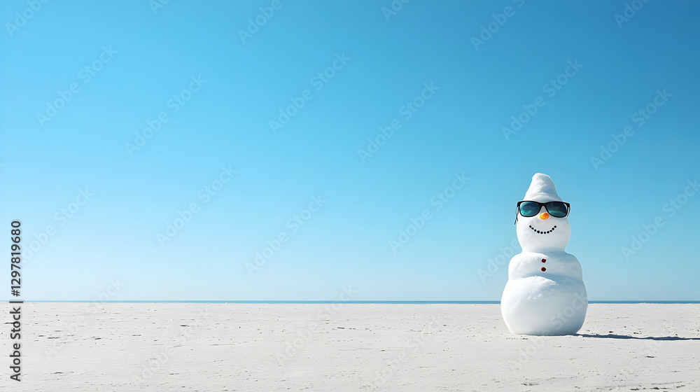Obraz premium Snowman Wearing Sunglasses Standing on Snowy Ground Under Bright Blue Sky