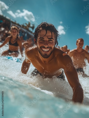 Smiling Man Enjoying Wave Pool Fun With Friends on a Sunny Day in Summer