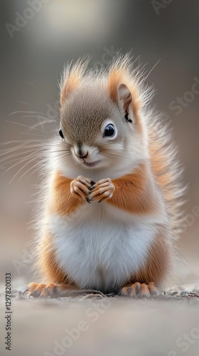 Cute Squirrel With Fluffy Fur Sits Calmly While Holding a Nut in Its Tiny Paws