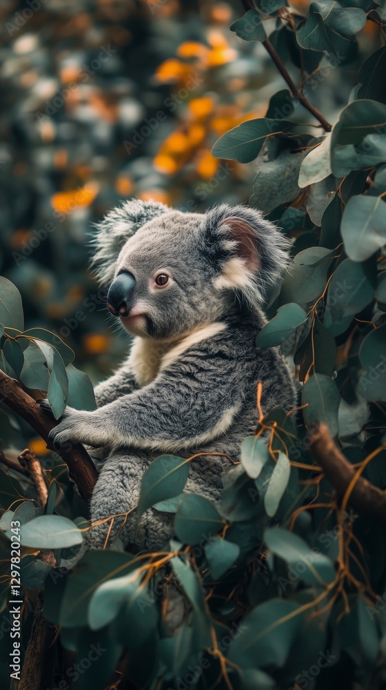 Fototapeta premium Koala Resting on a Branch Surrounded by Lush Green Leaves and Vibrant Yellow Flowers in the Afternoon Light