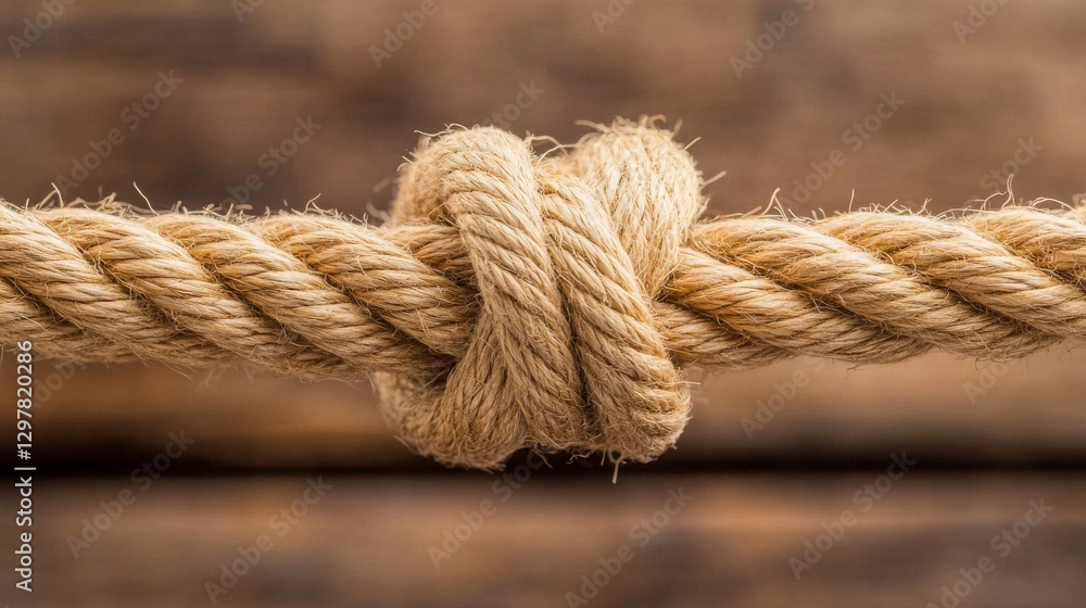 Two robust jute ropes are firmly twisted together into a strong knot, with the natural fibers exhibiting detailed texture Two robust jute ropes are firmly twisted together into a strong knot, with the natural fibers exhibiting detailed texture