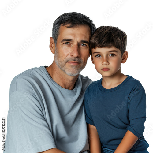 Father with his son, both wearing blue t-shirts and posing for the camera on isolated transparent background.