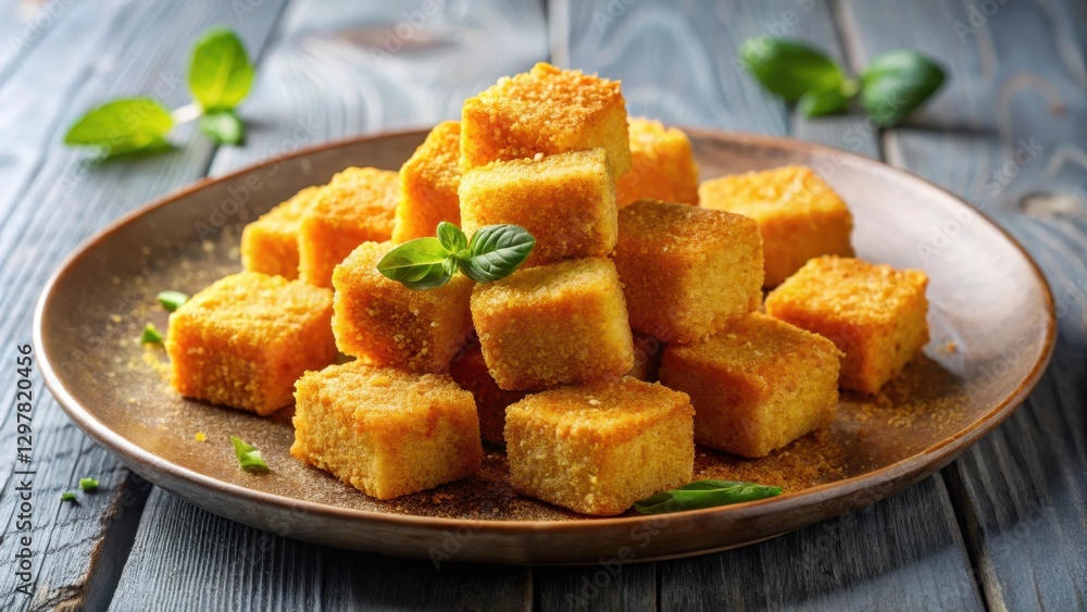 Golden-brown cubed dessert pieces arranged in a pyramid shape on a rustic brown plate, garnished with fresh herbs, sitting on a dark wooden surface. Golden-brown cubed dessert pieces arranged in a pyramid shape on a rustic brown plate, garnished with fresh herbs, sitting on a dark wooden surface.