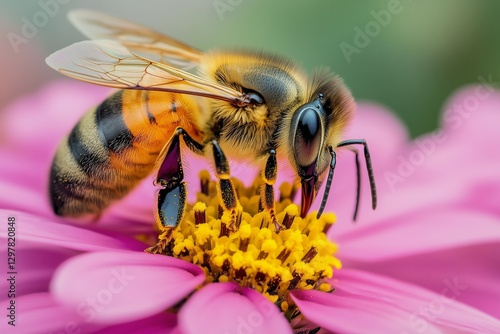 Bee Collecting Nectar From a Pink Flower in a Garden on a Sunny Day