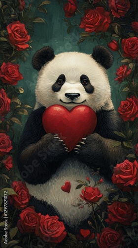 Cute Panda Holding a Heart Surrounded by Roses in a Soft and Colorful Background
