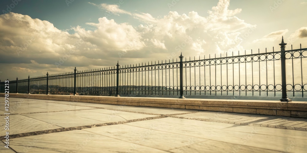 Naklejka premium Sepia Vintage Marble Fence Portrait Photography - Soft Clouds, Blurred Foreground, Splash Effect
