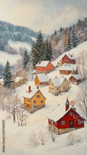 Snow-covered Village in Winter With Colorful Houses Surrounded by Trees and H...