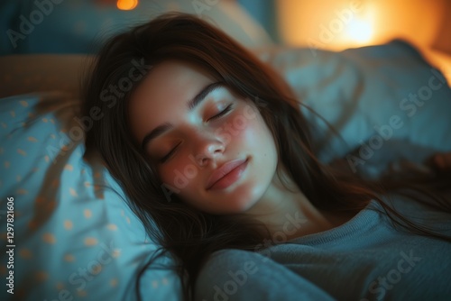 Peaceful Young Woman Sleeping Soundly in a Cozy Bedroom During Evening Hours