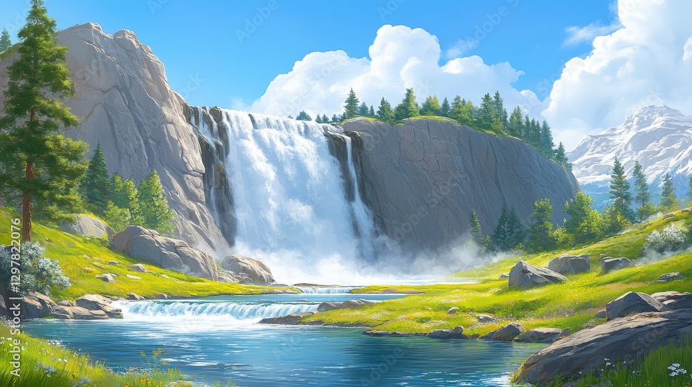 Fototapeta premium Scenic waterfall landscape with vibrant greenery and majestic mountains under a bright blue sky with fluffy clouds backdrop panorama
