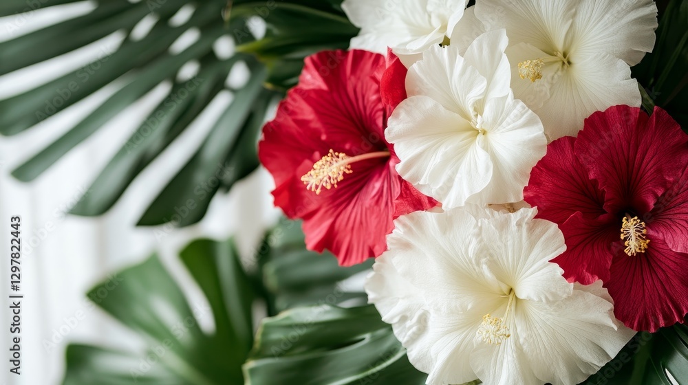Fototapeta premium Tropical blossoms vivid hibiscus contrasting petals on monstera leaves creating a vibrant summer floral display ideal for exotic themes