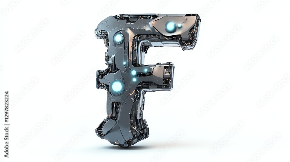 F-shaped metallic letter with glowing elements on a white isolated background. F-shaped metallic letter with glowing elements on a white isolated background.