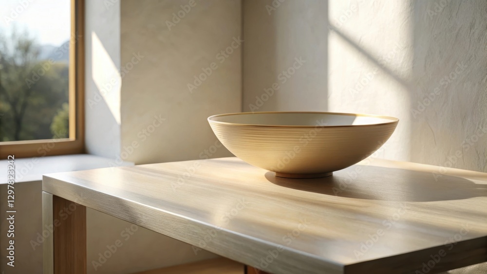 Serene Light Illuminates a Simple Bowl on a Wooden Table by a Window Serene Light Illuminates a Simple Bowl on a Wooden Table by a Window