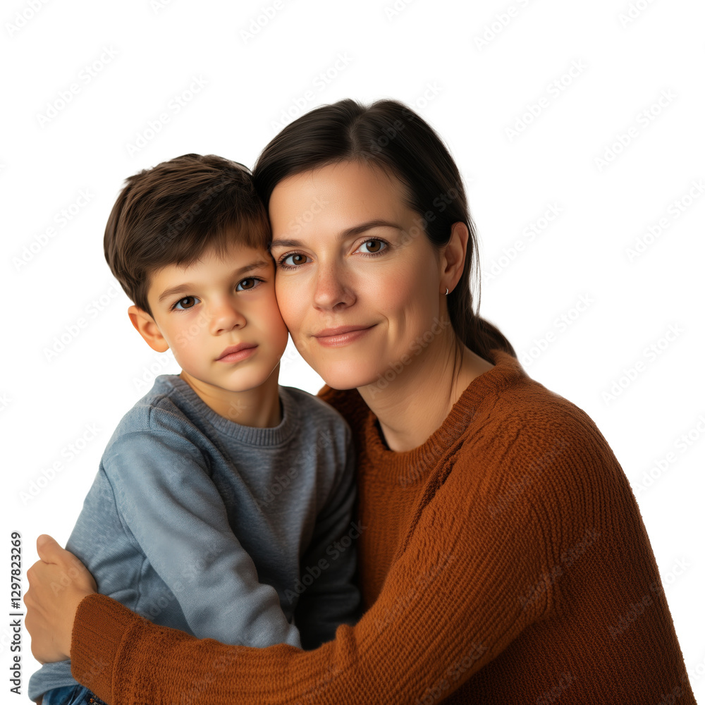 Woman wearing brown sweater and jeans with her son in blue shirt hugging each other for commercial photography isolated transparent background. Woman wearing brown sweater and jeans with her son in blue shirt hugging each other for commercial photography isolated transparent background.