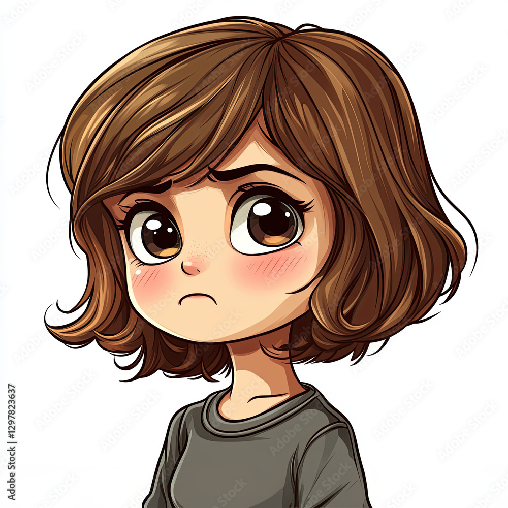 Chibi character with shy and sad expression, slightly blushing Chibi character with shy and sad expression, slightly blushing