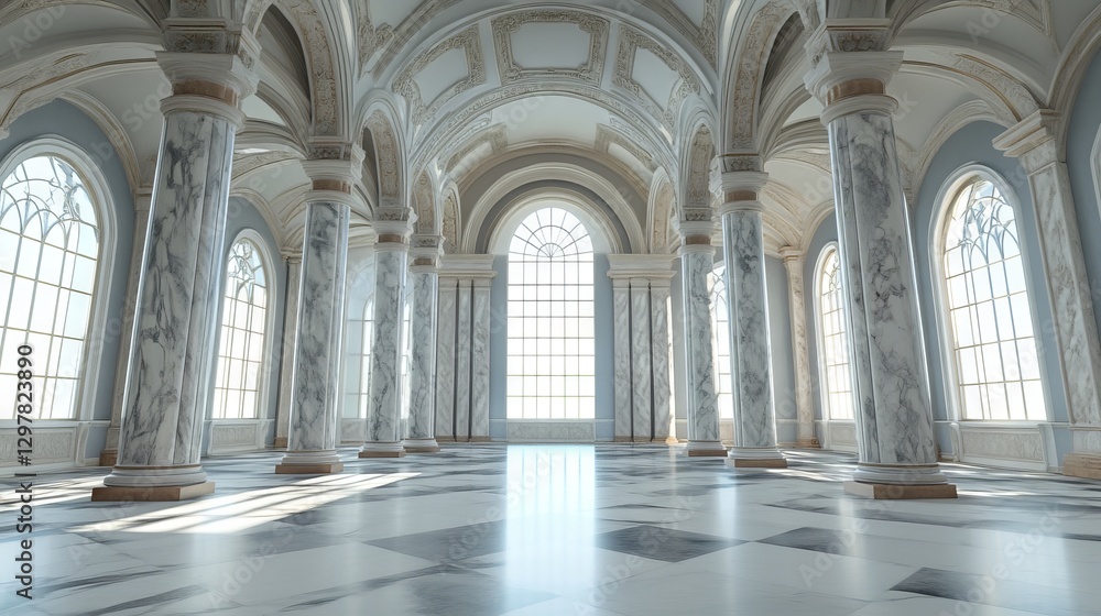 Fototapeta premium A desolate museum hall adorned with lofty marble columns and impressive arches