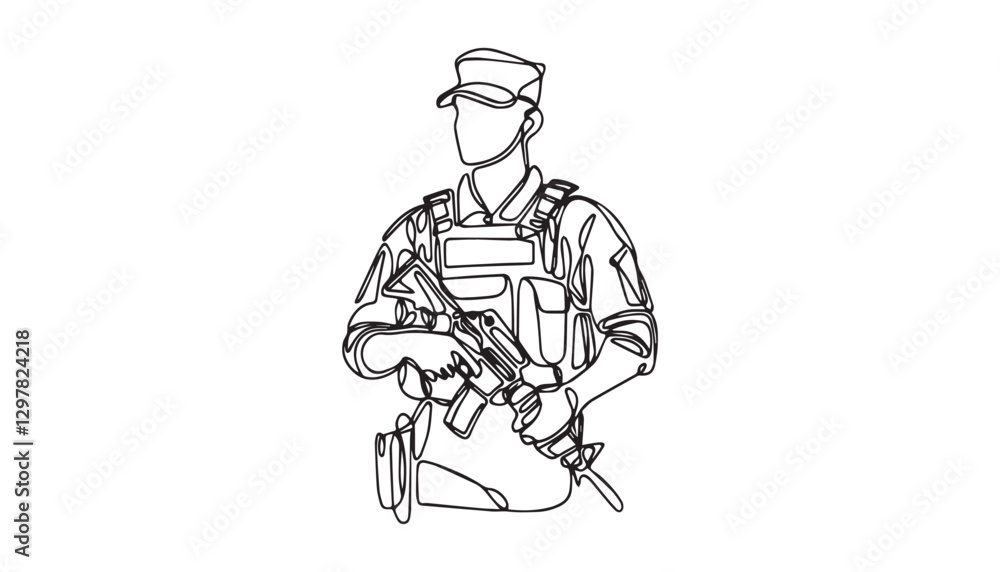 Continuous one single minimal line drawing military man Continuous one single minimal line drawing military man