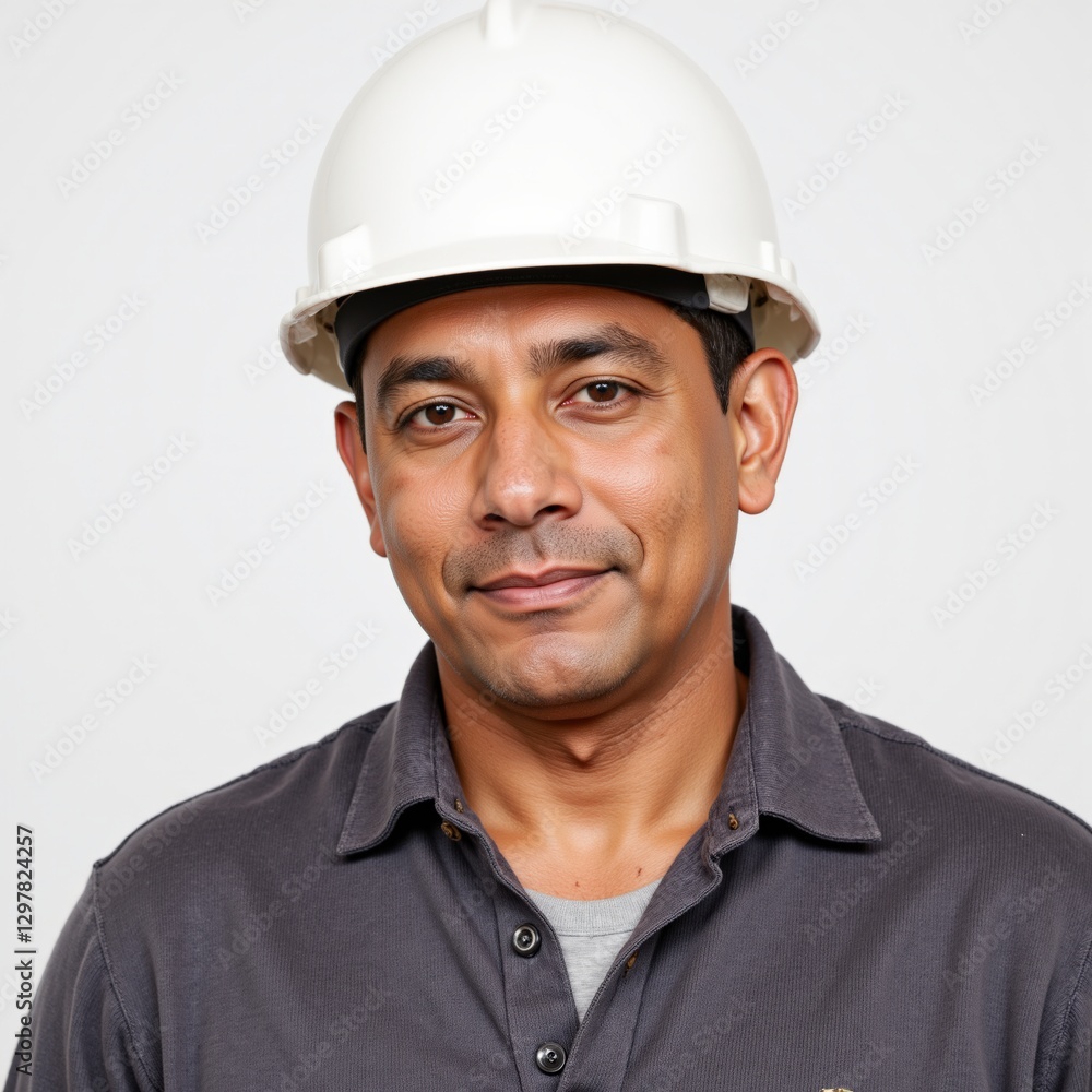 Middle-Aged South Asian Man Wearing a White Hard Hat and Grey Shirt Poses Confidently for a Portrait in a Neutral Background Middle-Aged South Asian Man Wearing a White Hard Hat and Grey Shirt Poses Confidently for a Portrait in a Neutral Background