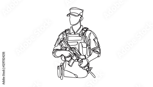 Continuous one single minimal line drawing military man