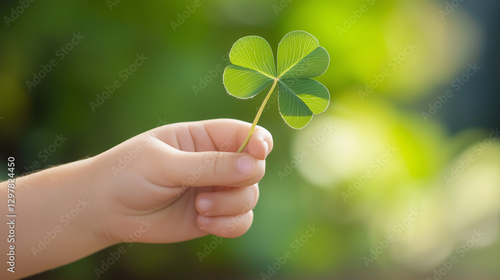 hand holding clover, close-up of a child's hand holding a clover, good luck hand holding clover, close-up of a child's hand holding a clover, good luck