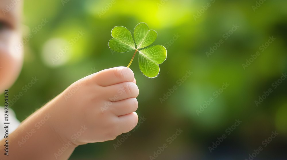 hand holding clover, close-up of a child's hand holding a clover, good luck hand holding clover, close-up of a child's hand holding a clover, good luck