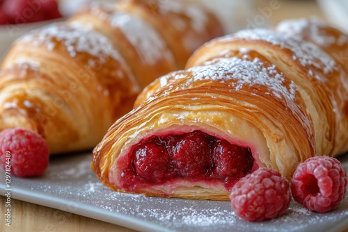 Freshly Baked Raspberry Croissants on a Plate With Powdered Sugar and Fresh B...