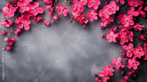 Blossoming Pink Flowers Frame a Textured Grey Background for a Delicate Natur...