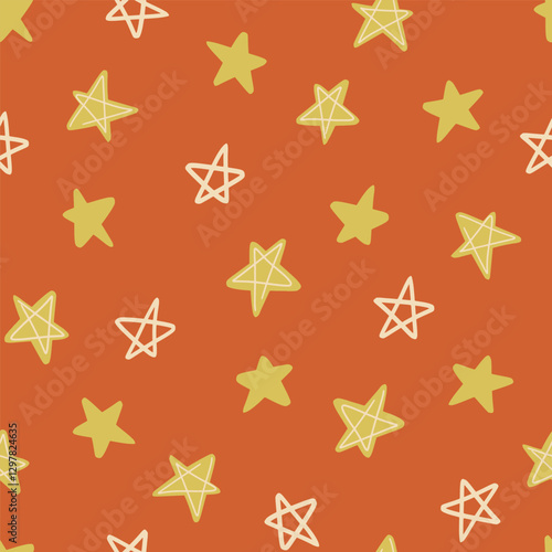 Cute hand drawn stars tossed on an orange background in color palette of yellow, white and gold. Christmas seamless vector pattern. Great for home decor, fabric, wallpaper, gift wrap, stationery.