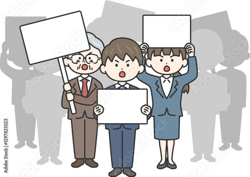 プラカードを持って、抗議デモをおこなう、労働者達（線画）のイラスト