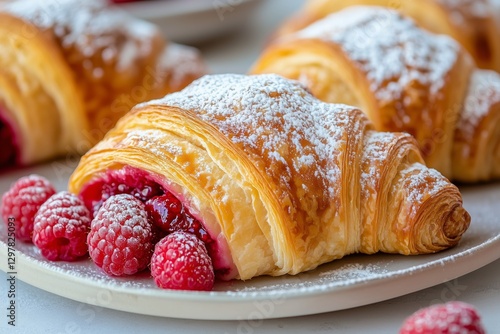 Freshly Baked Raspberry Croissants on a Plate With Powdered Sugar and Fresh B...