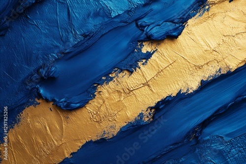 Bold Blue and Gold Abstract Painting Showcasing Textured Brush Strokes and Vi...