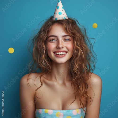 Cheerful Young Woman Celebrating With Festive Hat and Bright Background at a ...