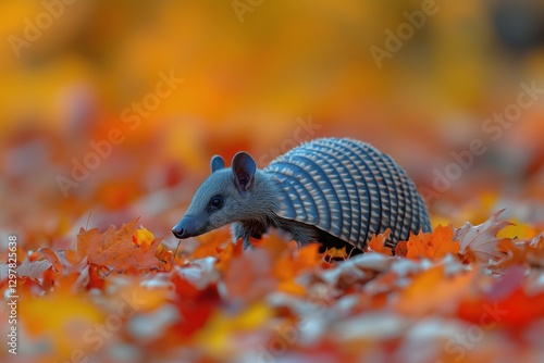 Armadillo Foraging in Colorful Autumn Leaves During a Sunny Day