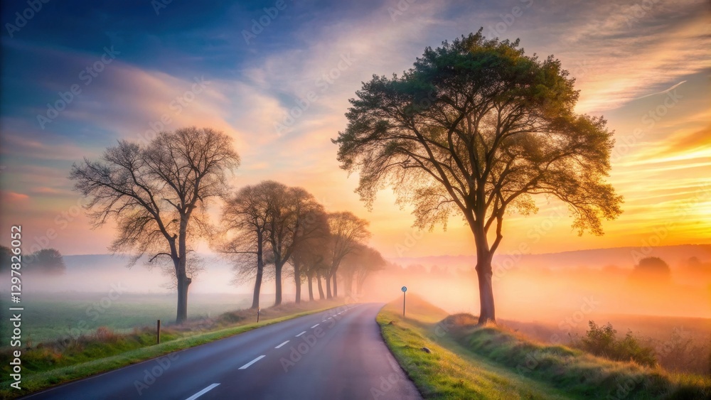 Obraz premium Serene Sunrise Roadway Misty Morning, Trees Lining Asphalt Path to Golden Horizon