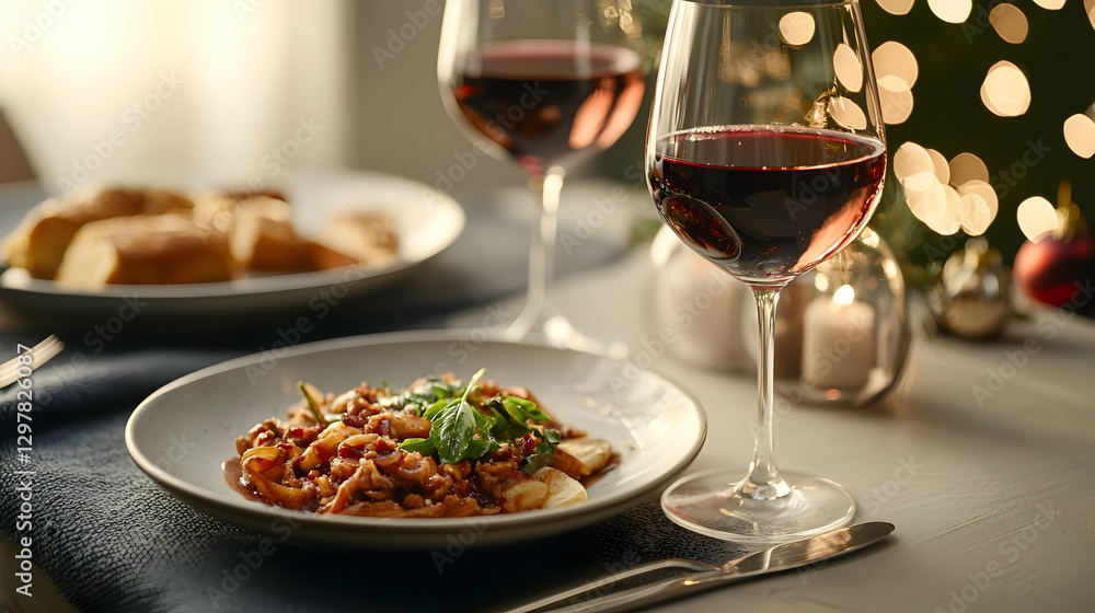 Elegant Table Setting with Pasta Wine Glasses Bread and Candles in Festive Warm Lighting Elegant Table Setting with Pasta Wine Glasses Bread and Candles in Festive Warm Lighting
