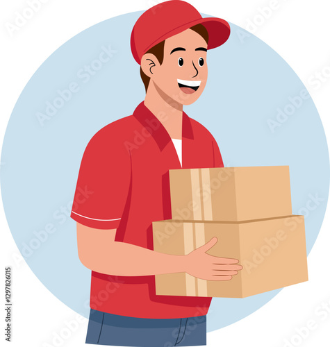 Illustration of a delivery man holding a neatly packed cardboard box and being professional