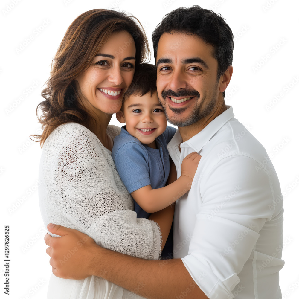Happy family of mother, father, and their young son in their thirties, smiling at camera against isolated transparent background. Happy family of mother, father, and their young son in their thirties, smiling at camera against isolated transparent background.