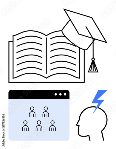 Open book with graduation cap, online meeting browser window, human profile with lightning for ideas. Ideal for education, online learning, knowledge sharing, innovation, brainstorming, teamwork