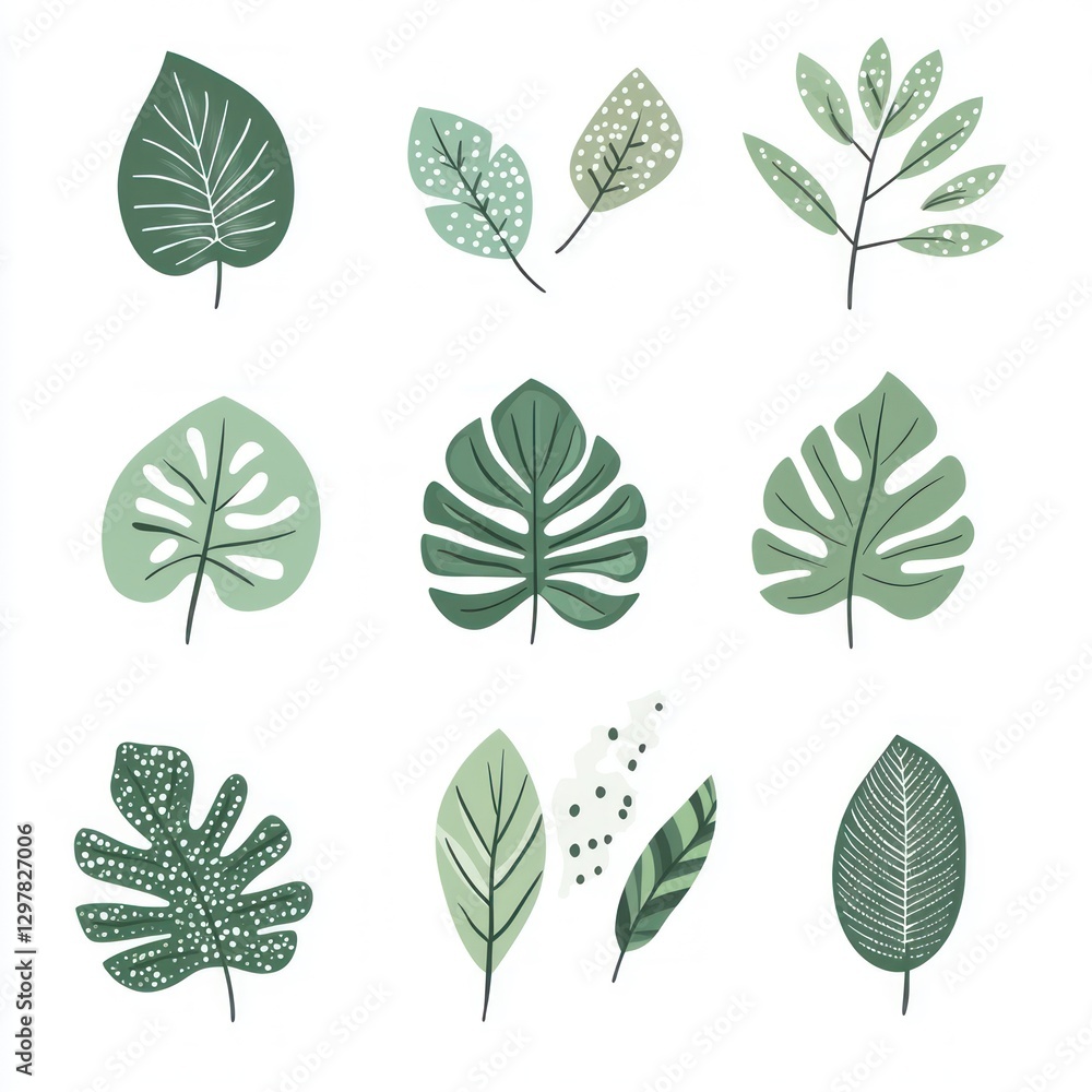 Obraz premium A collection of hand-drawn botanical leaf illustrations in various green shades, featuring tropical and decorative foliage elements on a white background.
